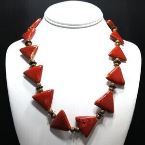Artisan Ceramic Triangle Bead Necklace Red Orange with Copper Filigree Accents